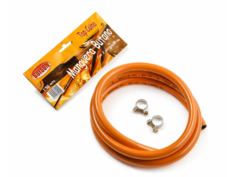 Blister pack with butane hose and two clamps