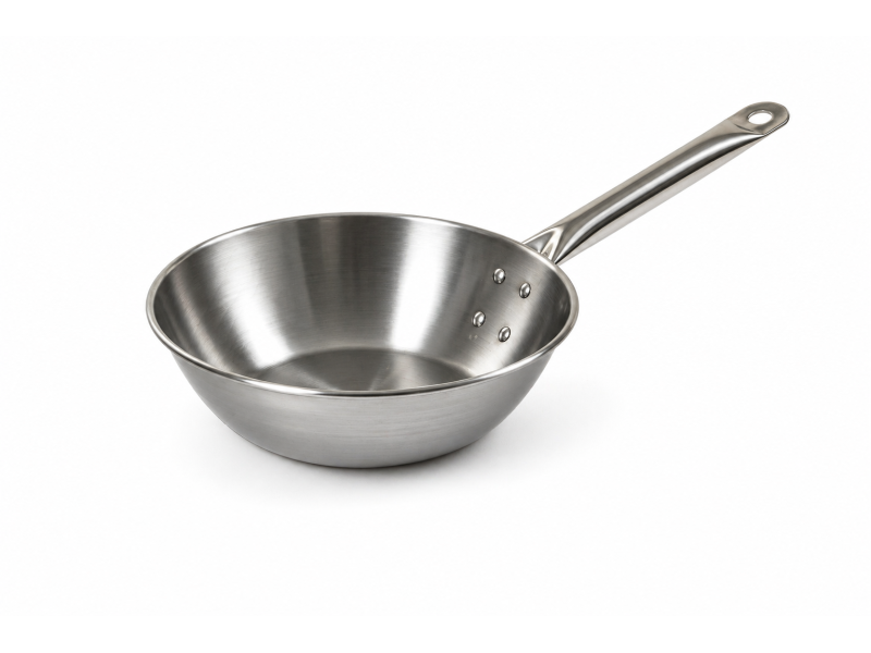 Deep polished pan with stainless steel tubular handle